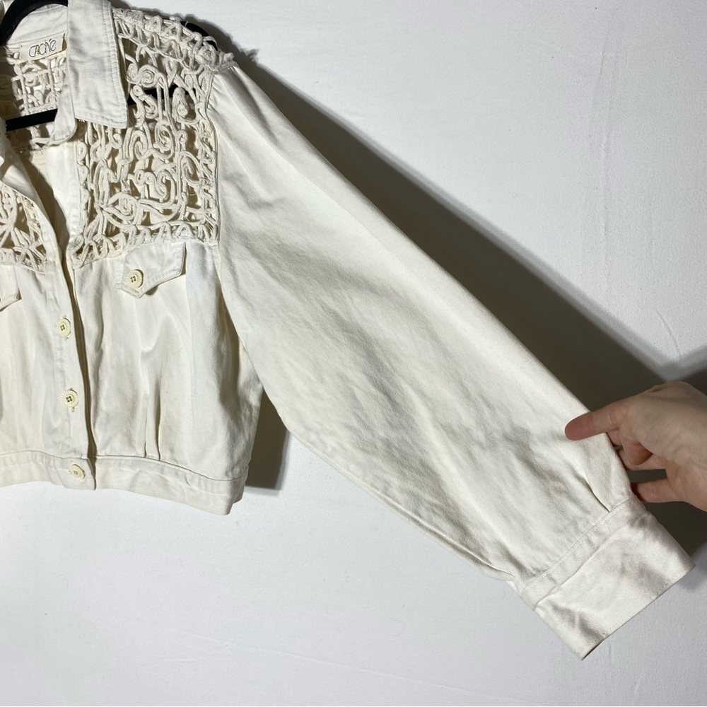 Vintage Cache Cream Oversized Cropped Denim Jean Jacket W Crochet Lace Shoulders - Picture 11 of 16